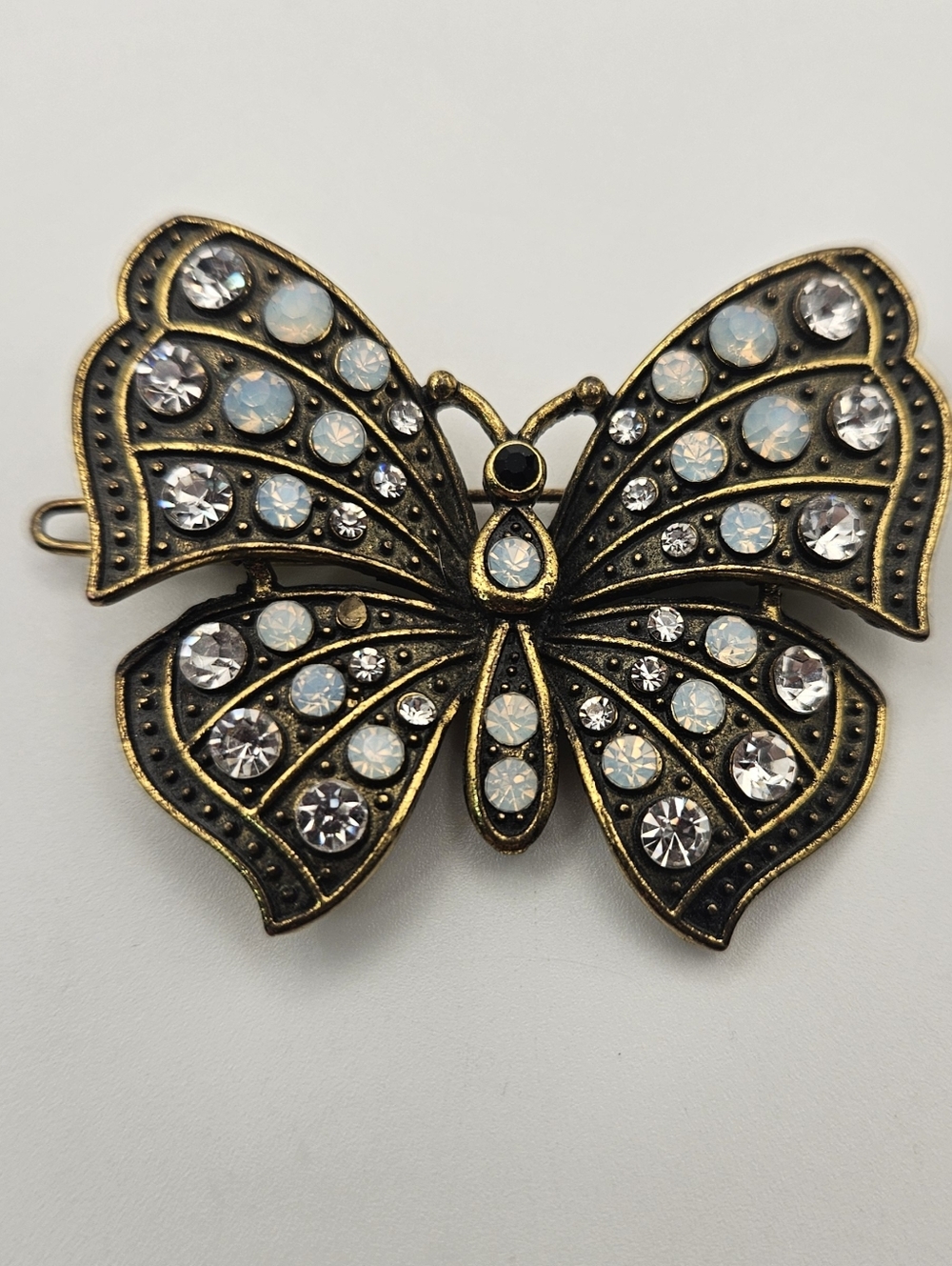 Vintage Style Bronze Butterfly Hair Clip Barrette Crystal Opaline Rhinestone 2"